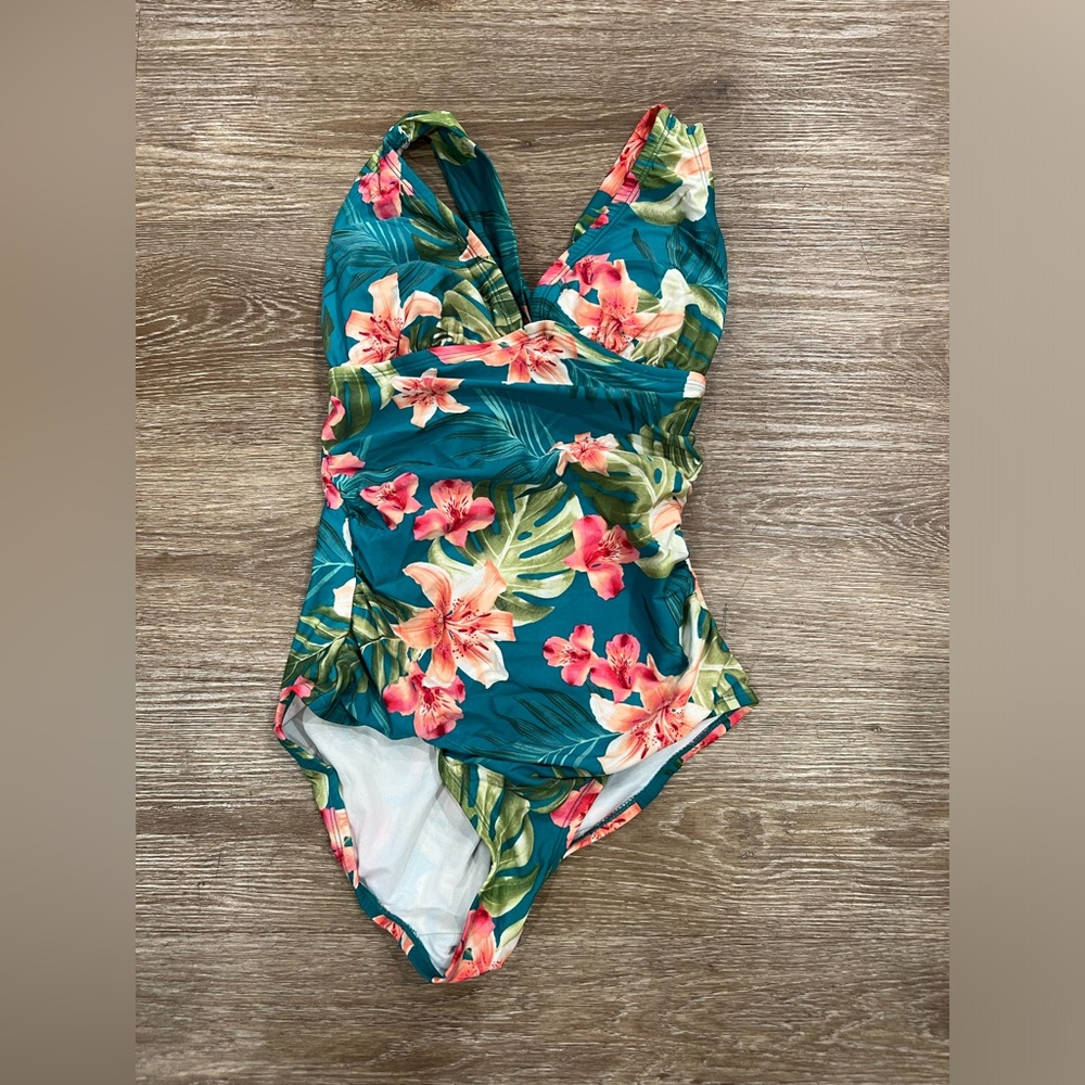 Kona Sol Tropical Floral One Piece Bathing Suit Swimsuit Medium V Neck Tie Back - Picture 2 of 5